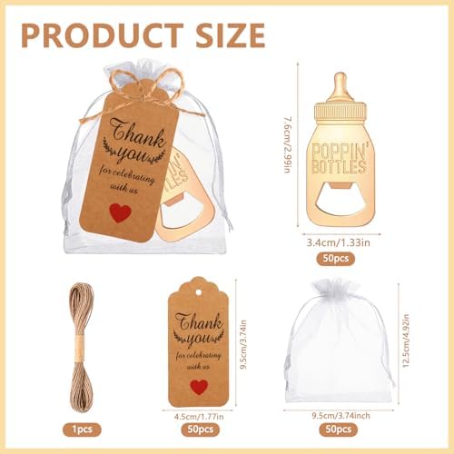 50Pcs Popping Bottle Openers Baby Shower Party Favors For Guests Baby Shower Return Favors Baby Bottle Shaped Bottle Opener Baby Shower Souvenirs With Organza Bags Thank You Cards, small, Gold - Image 2