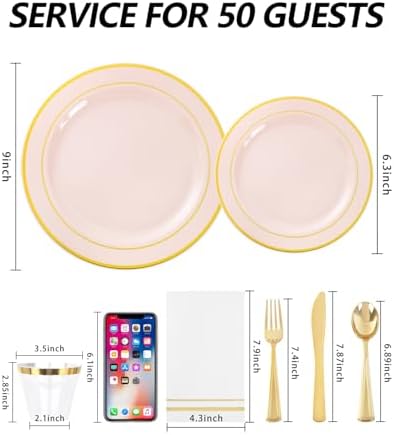 GATHER 350PCS Pink Plastic Plates with Gold Rim for Wedding Baby Shower - Image 2