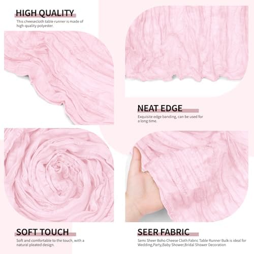 12 Pack Light Pink Cheesecloth Table Runner 10Ft, Gauze Table Runners 21.5 x 120 inch,Semi Sheer Cheese Cloth Fabric Runner Bulk for Wedding,Party,Baby Shower,Bridal Shower - Image 3