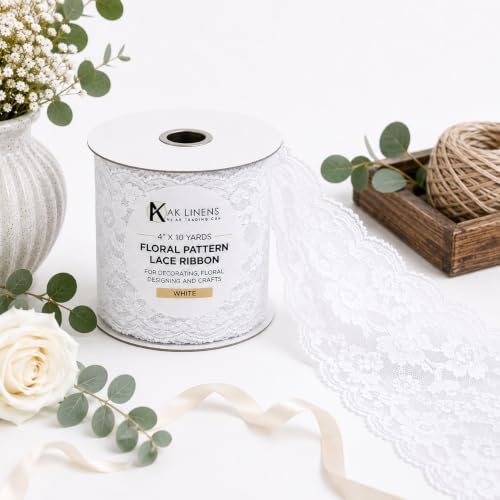 AK TRADING CO. 4" Wide x 10 Yards White Floral Pattern Crochet Lace Ribbon for Decorating, Floral Designing and Crafts by AK+Trading+Co.