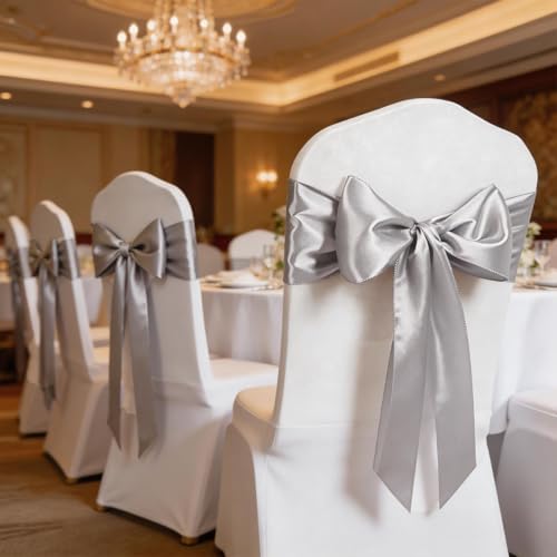 Silver Chair Sashes 50 Pack, Satin Chair Ribbons for Chairs Covers for Wedding Party Decor, Chairs Bows for Reception Ceremony Birthday Decoration - Image 5
