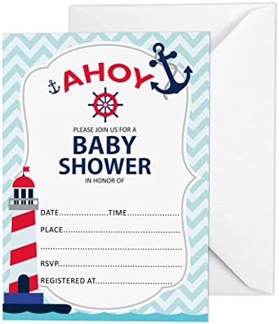 Pack of 30, Boy/Boy Baby Shower Party Collection, Baby Shower Invitation Cards, Fill in the Blank Invites WIth Envelopes, Pirates Theme Party Supplies by Inkdotpot