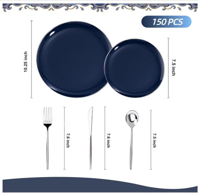 I00000 150Pcs Blue Plastic Plates, Disposable Plates with Silverware Set - Image 6