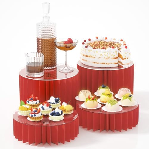 HeiMma 4 Pack Buffet Risers, Foldable Accordion Food Display Risers with Acrylic Disc, Dessert Table Display Set, Cardboard Paper Cupcake Cake Stand for Party Cylinder Stands for Parties Drink Collectibles Jewelry Figures, Multi-height, Red by HeiMmaLifeEssentials