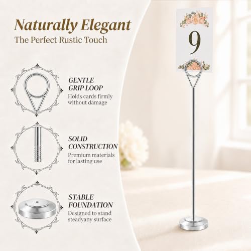 Radezon 12 Pack Silver Table Number Holders, 10inch Weighted Base Place Card Holders for Outdoor Wedding, Windproof Sturdy Metal Photo Stands for Reception Tables, Parties & Events - Image 3