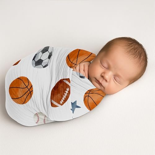 Sweet Jojo Designs Baby Muslin Swaddle Blankets (Sports Theme) - 47x47 for Newborn Boys Nursery, Lightweight 100% Cotton Blanket (Watercolor Vintage Sport Themed, Soccer, Football Baseball Basketball) - Image 3