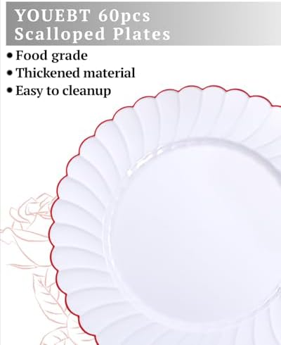 YOUBET 60PCS Red Scalloped Plastic Plates for Party Wedding - Image 4