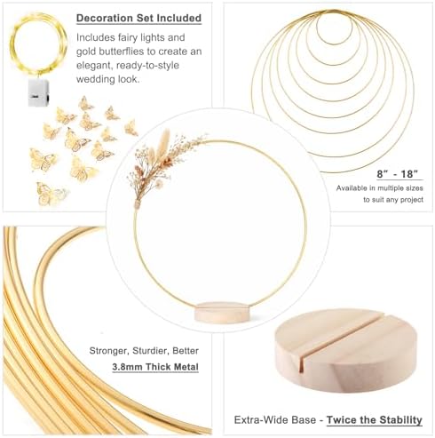 14 Pack Floral Hoop with Stand and LED Fairy Lights 18 inch Metal Rings for DIY Centerpiece Table Decorations Crafts Macrame Rings Hoop Wreath Dream Catcher Rings Wedding Christmas Wreaths, Gold - Image 3