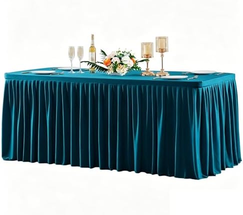Wish Care Teal Polyester Table Clothes for 8 Foot Rectangle Tables, Wrinkle Free Fitted Table Cover with Pleated Ruffle Table Skirt for Birthday Party Wedding Trade Show Event Display by WishCare