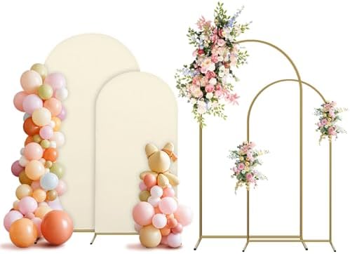 Arch Backdrop Stand and Cover Set, 2 Metal Balloon Arch Backdrop 7.2ft 6ft, Gold Arched Stand Frame for Wedding, Parties,Birthday, Backdrop Decorations (Beige,7.2ft+6ft) by Holldoor
