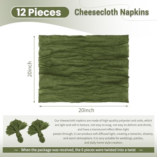 Cloth Napkins Set of 12 Olive Green Napkins 20x20inch Cheesecloth Napkin Rustic Boho Gauze Washable Dinner Napkin Cloth Bulk for Wedding Party Bridal Baby Shower Thanksgiving Table Decor - Image 2