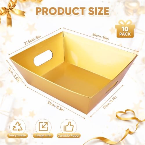 10 Pack Gold Gift Baskets Empty, 10x8x3.5" Thick Paper Basket with 10 Clear Bags and 10 Gold Bows, Empty Gift Baskets for Christmas Valentine Easter Birthday Anniversary Luxury Wrapping - Image 2