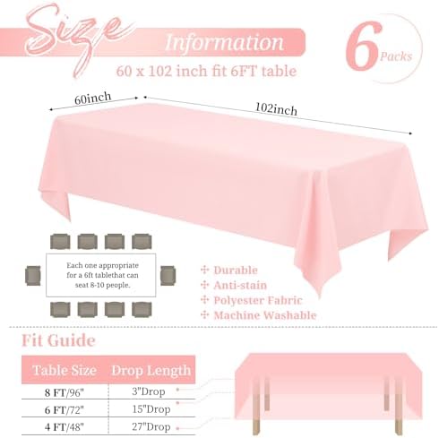 Showgeous 60x102 Inch Pink Rectangle Tablecloth 6 Pack Fit 6FT Table - Image 2