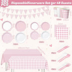 Ceenna 392 Pcs Pink Gingham Paper Plates Napkins Cup Party Supplies for 48 - Image 2