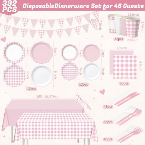 Ceenna 392 Pcs Pink Gingham Paper Plates Napkins Cup Party Supplies for 48 - Image 2