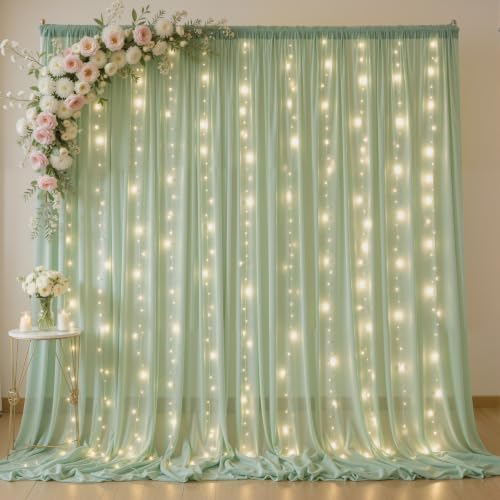 10ft x 10ft Sage Green Chiffon Backdrop Curtain with Lights String for Parties,2 Panels Sheer Tulle Curtain Wedding Backdrop for Baby Shower Birthday Party Ceremony Reception Home Decorations by Partisky