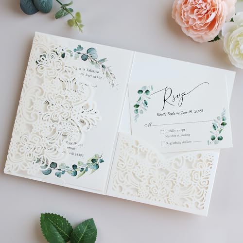 Hosmsua 50PCS Personalized Ivory Laser Cut Wedding Invitations, 5.12 x 7.2 Laser Cut Invitation Pockets with Envelopes for Wedding Bridal Shower Quinceanera Invitations - Image 4