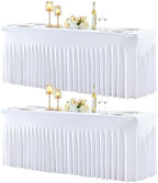 2 Pack 8ft White Spandex Tablecloths for Rectangle Tables Wrinkle Free White Rectangle Table Cloth Stretch Fitted 8 foot Table Cover with Skirt for Wedding Birthday Party Banquet Baby Shower Buffet by Suppromo