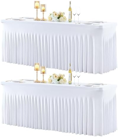 2 Pack 8ft White Spandex Tablecloths for Rectangle Tables Wrinkle Free White Rectangle Table Cloth Stretch Fitted 8 foot Table Cover with Skirt for Wedding Birthday Party Banquet Baby Shower Buffet by Suppromo