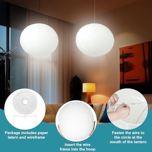 Rossesay 2 Sets Jumbo Round Paper Lanterns with Lamp Cord Cable White Hanging Paper Lanterns Chinese Japanese Pendant Hanging Lamp for Birthday Wedding Bridal Anniversary Party Decoration(24 Inch) - Image 3