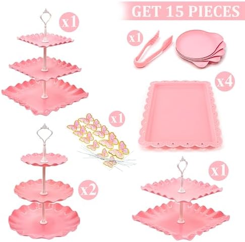 15 PCS Dessert Table Display Set Pink Cupcake Stand,3 Tiered Tray Stand Cup Cake Tower Holder, Cake Stand Serving Trays Dessert Display Stands for Tea Party Wedding Baby Shower Girl-Pink - Image 3