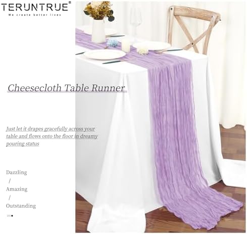 Teruntrue 20 Pack Lilac Cheesecloth Table Runner 17x108 Inch, Boho Gauze Sheer Fabric Cheese Cloth Table Runners for Wedding Party Bridal Shower Baby Shower Birthday Home Decor Garden Farmhouse - Image 5