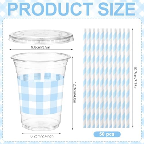 Sliner 50 Sets 16oz Light Blue White Gingham Party Plastic Cups - Image 3