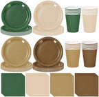 Whaline 244Pcs Woodland Tableware Set Serves 48 Sage Green Brown Disposable Dinnerware 48 9" Plates 48 7" Plate 48 9oz Cups 100 Napkins for Baby Shower Forest Party Supplies by Whaline