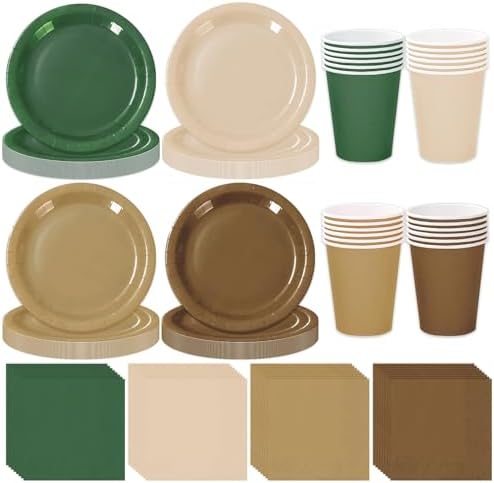 Whaline 244Pcs Woodland Tableware Set Serves 48 Sage Green Brown Disposable Dinnerware 48 9" Plates 48 7" Plate 48 9oz Cups 100 Napkins for Baby Shower Forest Party Supplies by Whaline