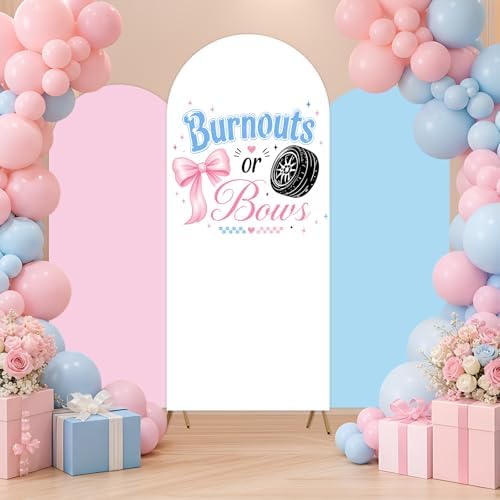 3PCS Burnouts or Bows Gender Reveal Decorations Arch Backdrop Cover 5ft 6ft Stretch Spandex Pink Blue Burnouts or Bows Backdrop for He or She Gender Reveal Baby Shower Party Supplies Photo Props - Image 3