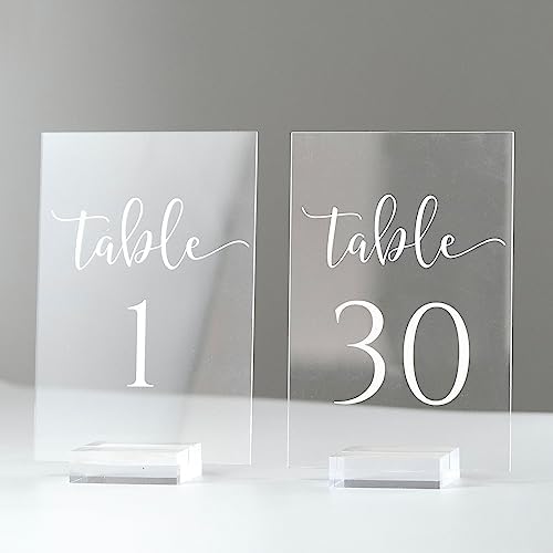 Acrylic Wedding Table Numbers 1-30 with Stand- 4x6 Inch Clear Sign Printed Calligraphy Font, Acrylic Table Numbers with Holder Base for Wedding Party Reception by JINMURY