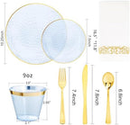 Rubtlamp 175 Pcs Plastic Dinnerware Set (25 Guests), Blue Disposable Plates With Gold Rim, Hammered Party Plates Set Include Dinner Platos, Dessert Platos, Cups, Cutlery And Napkins for Party - Image 2