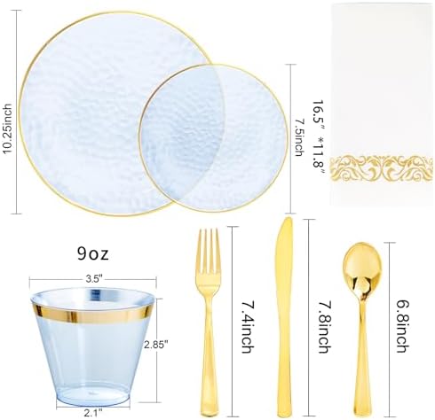 Rubtlamp 175 Pcs Plastic Dinnerware Set (25 Guests), Blue Disposable Plates With Gold Rim, Hammered Party Plates Set Include Dinner Platos, Dessert Platos, Cups, Cutlery And Napkins for Party - Image 2