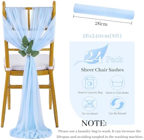QueenDream Light Blue Sashes Chair Aisle Decorations: 24 Pack Baby Shower Chair Cover 8FT Long Tulle Draping Fabric Wedding Reception Church - Image 6