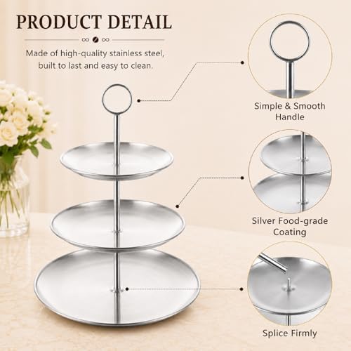 ABuff 3 Tiered Silver Cupcake Stand 2 Pack Stainless Steel Silver Tiered Dessert Stand Cupcake Display Tower 3 Tier Serving Tray Cake Stand for Baby Shower Birthday Party Wedding - Image 3