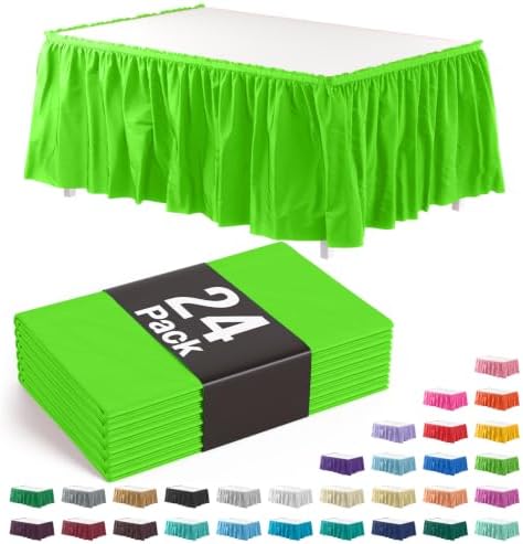 Exquisite Lime Green Table Skirt 24 Pack - Disposable Plastic Table Skirts for Rectangle Tables 6ft 8ft & Round Tables - 29in x 14ft Self-Adhesive Strip - Birthday Wedding Gender Reveal Decor by Exquisite