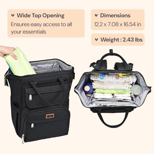BabbleRoo Diaper Bag Backpack, Multifunction Nappy Changing Bag with Changing Pad, Stroller Straps & Pacifier Case, Unisex Stylish Travel Back Pack for Moms & Dads - Black - Image 3