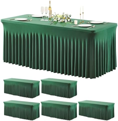 Wish Care 6 Pack Hunter Green Spandex Table Clothes for 6 Foot Rectangle Tables, 6FT Wrinkle Free Fitted Tablecloths Ruffles Design Table Cover for Party, Banquet, Wedding and Events by WishCare