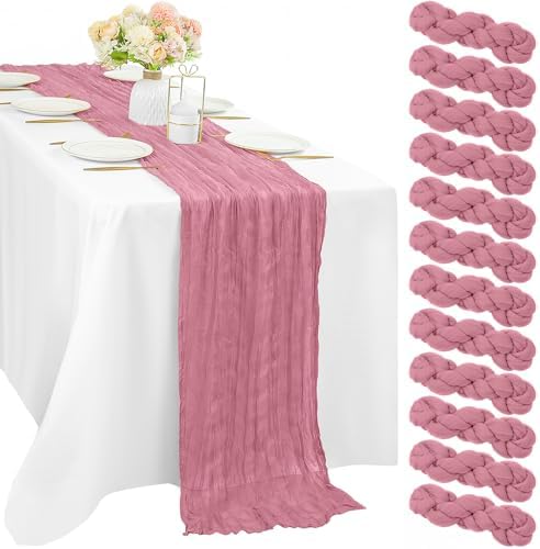 12 Pieces Dusty Rose Cheesecloth Table Runner 10FT Pink Runner for Tables Gauze Fabric Boho 35 x 120 Inches Long Table Runner Decoration Rustic Sheer Runner for Wedding Baby Birthday Party Dusty Rose by Sunnyline