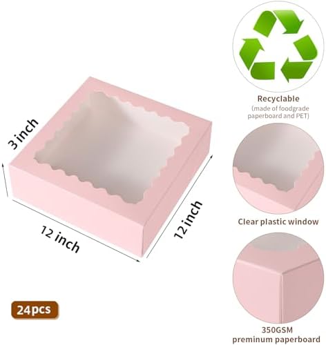 24 pcs Pink Pie Boxes,12x12x3 Inch Auto-Popup Bakery Boxes with Window Donuts Chocolate Muffins Donuts Pastry Dessert Cookie Box For Packaging - Image 2