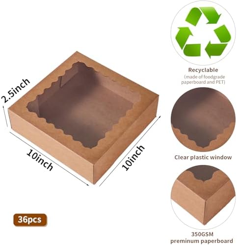36 pcs 10x10x2.5 Inches Cake Box with Window, Bakery Pastry Cookie Boxes, Mini Pie for Pastry,Dessert,Strawberries,Chocolates (Brown, 10x10x2.5 Inch/36pcs) - Image 2