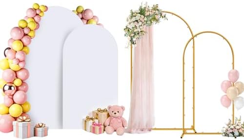 Arch Backdrop Stand and Cover Set of 2 Wedding Metal Arch Stand with Arch Cover White 7.2FT, 6FT for Wedding Party Bridal Baby Shower Birthday Ceremony Event Decor by Chesjin