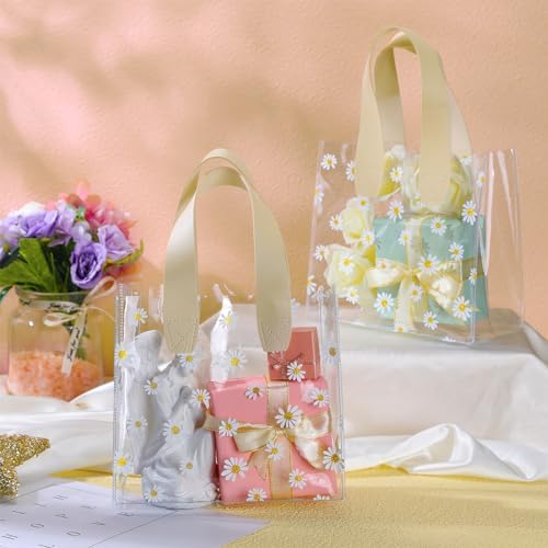 Clysee 24 Pcs Clear Gift Bags Daisy Pattern Transparent PVC Tote,Beige - Image 2