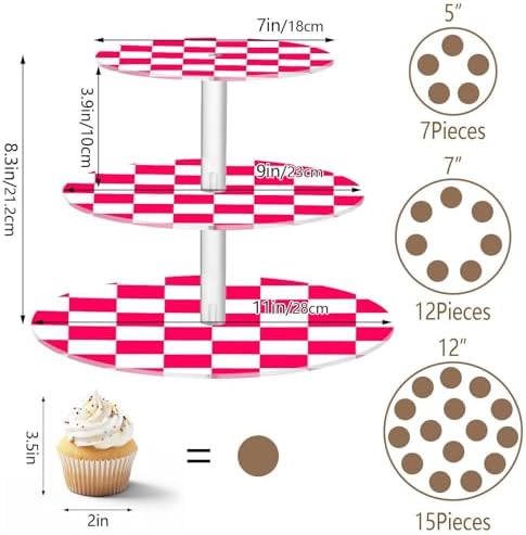 J JOYSAY Checkerboard Pink Red Pattern Acrylic Cupcake Stand 3 Tier Dessert Table Display Set Clear Cake Stands for Wedding Baby Shower Party Decorations Easy Assembly Macaron Tower - Image 3