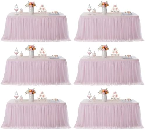 familus Pink Table Cloths 8 Foot Rectangle 6 Pack Stretch Ruffle Tulle Tablecloth Spandex Fitted Table Cover for 8 Foot Tulle Table Skirts for Party Wedding Table Cloths, Banquets by familus