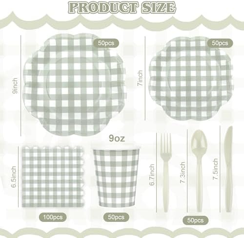 400 Pcs Gingham Party Supplies for 50 Guests Sage Green and White Scalloped Paper Plates and Napkins Knives Spoons Forks Cups Disposable Checkered Dinner Party Set for BBQ Baby Shower Wedding - Image 2