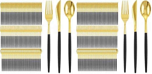 I00000 300Pcs Black Plastic Silverware, Happy New Year Gold Disposable Silverware, Black and Gold Plastic Utensils Include 100 Forks 100 Knives 100 Spoons,Disposable Cutlery for Wedding (Pack of 2) by I00000