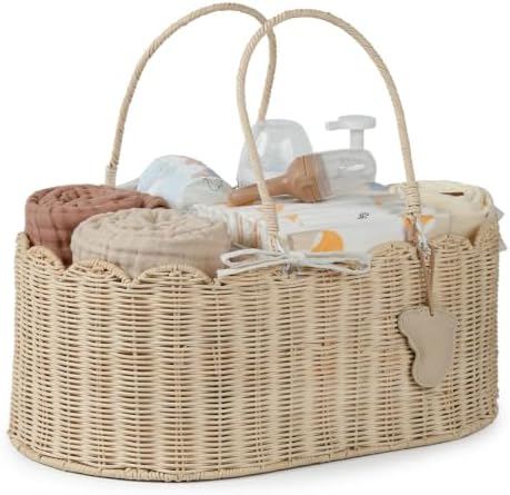 YANGQIHOME Diaper Caddy Organizer, Rattan Baby Basket, Scalloped Diaper Caddy by YANGQIHOME