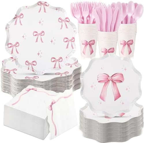 Ziliny 350 Pcs Bow Pink Party Supplies Tableware Set Disposable 9'' 7'' Paper Plates 9 oz Cups Cutlery Napkins Dinnerware Set for 1st Birthday, Serve 50 (Bow, Pink) by Ziliny