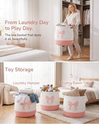Large Cotton Rope Storage Basket with Pink Bow (17.7"x15.7", 55L), Collapsible Laundry Hamper for Baby Girl Nursery, Woven Toy Organizer with Handles, Blanket Basket for Bedroom, Bathroom, Playroom - Image 3